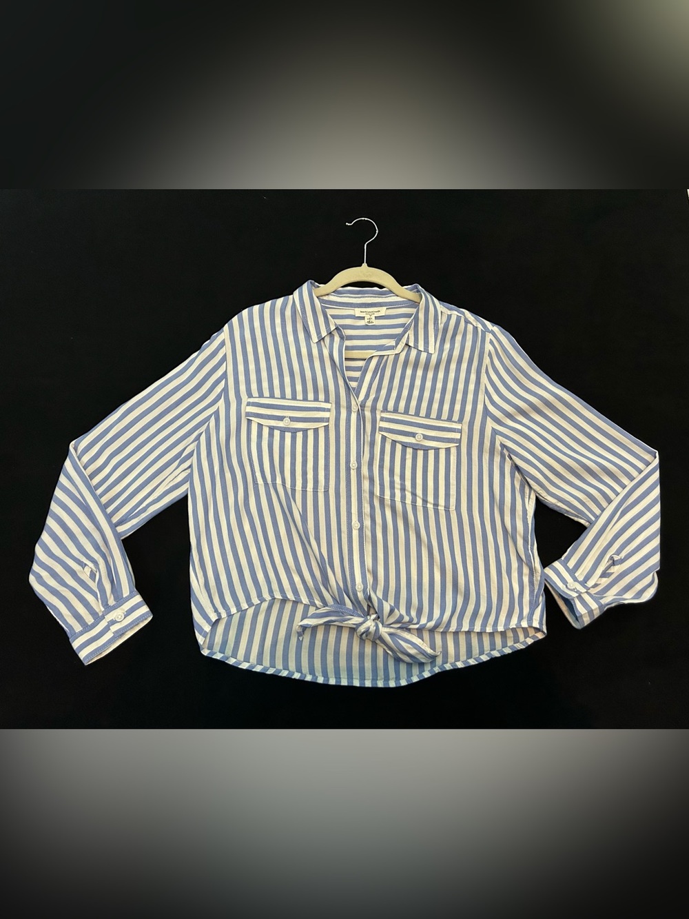 BeachLunchLounge Collection Blue & White Striped LS Tie Front Blouse•Size L